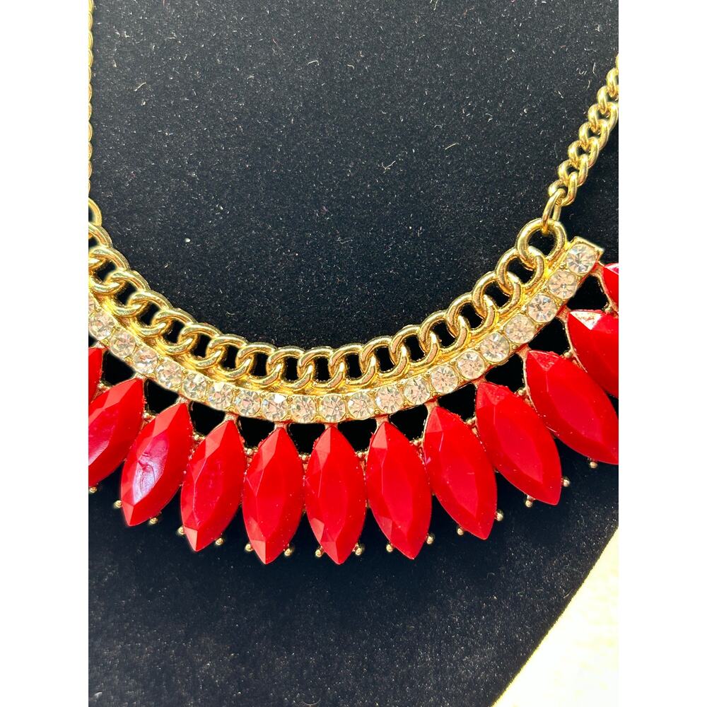 Vintage Red & Gold Statement Necklace Marquis Cut Rhinestones Red Rib Acrylic